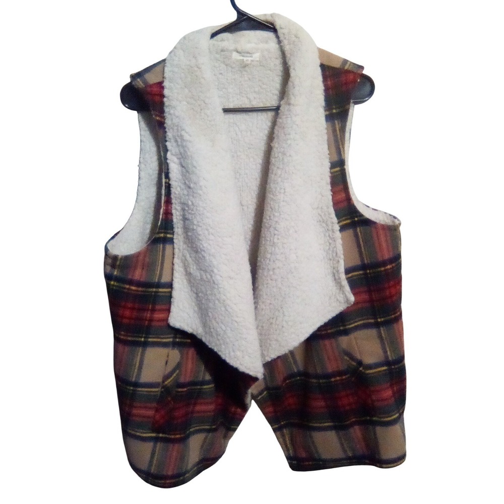 Maurices Womens Plaid Sherpa Lined Draped Waterfall Vest Tan Red Navy XXL - Picture 2 of 8